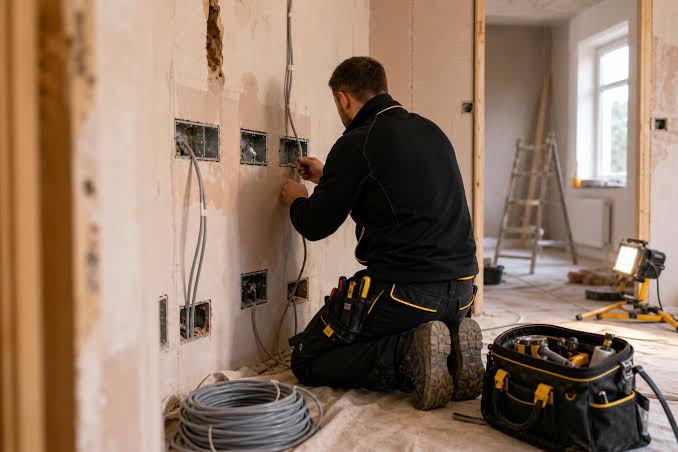 Electrician wiring new back boxes into a stripped wall during a house rewire, coils of cable and tools on the floor